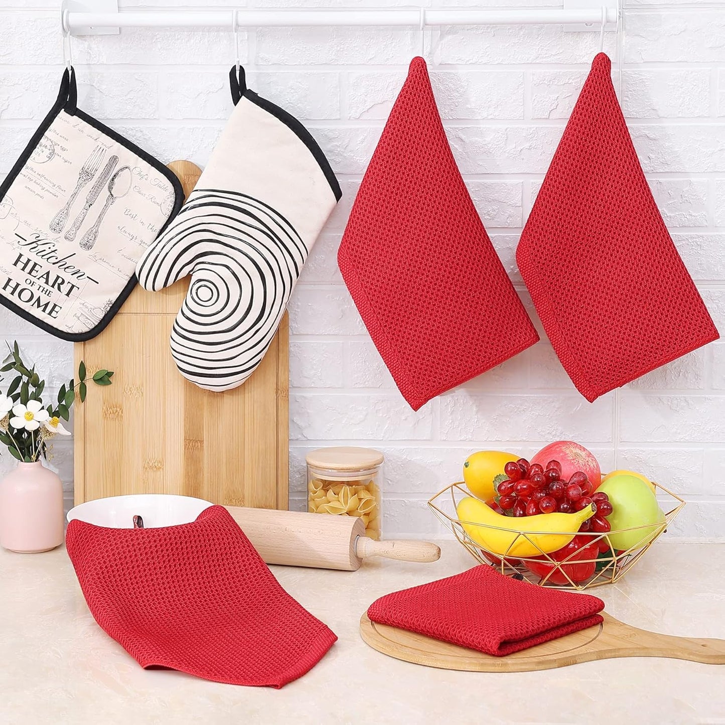 Homaxy 100% Cotton Waffle Weave Kitchen Dish Cloths, Ultra Soft Absorbent Quick Drying Dish Towels, 12 x 12 Inches, 8-Pack, Red