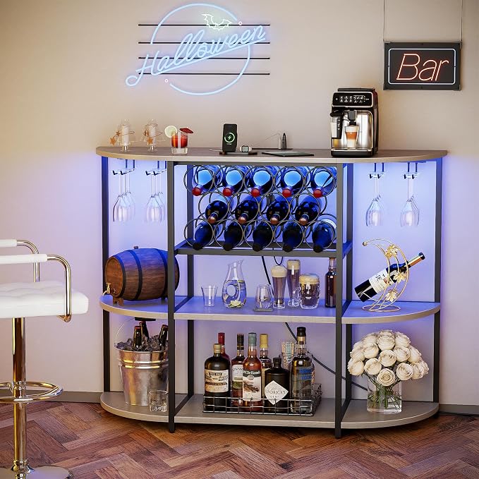 VICTONE Wine Bar Cabinet with LED Lights and Power Outlets, Freestanding Coffee - Image 7