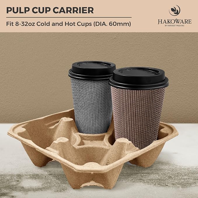 HAKOWARE 8-32oz Pulp Fiber 4 Cup Disposable Drink Carrier Trays, Compostable - Image 8
