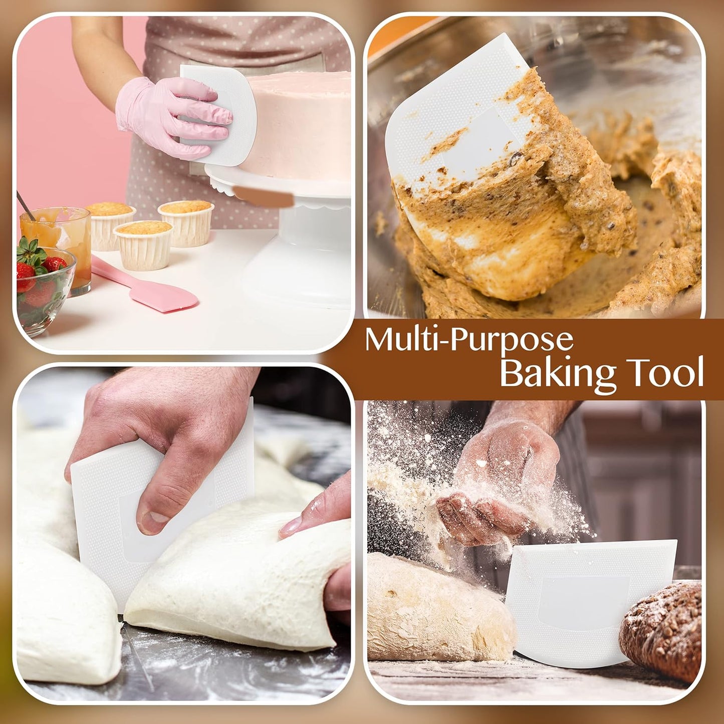 Plastic Bench Scraper for Baking - 2 White Bowl Scraper - Flexible Food Safe Dough Scraper Multipurpose Good Grip Curved and Flat Edge Dough Cutter - Essential Pan Scraper for Kitchen Use - RamPro