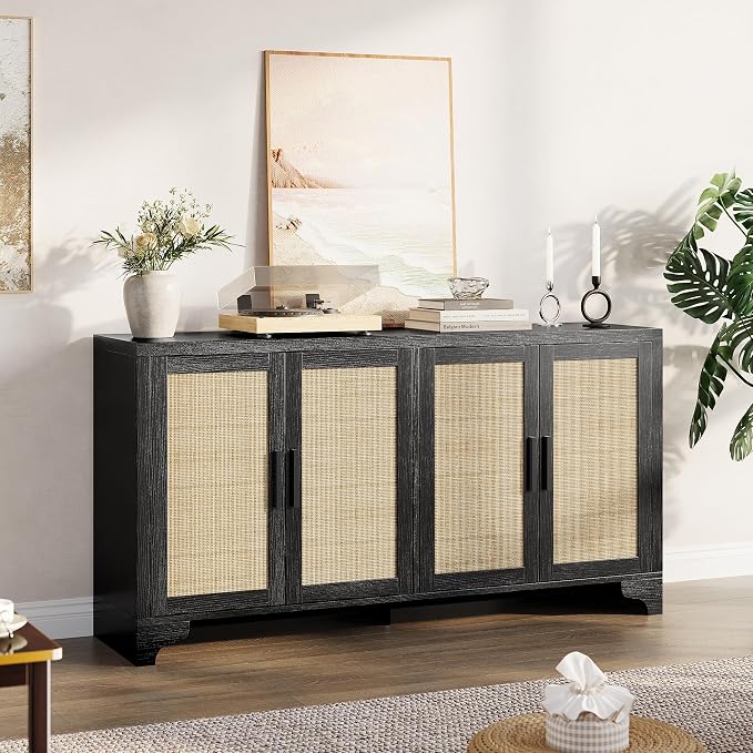 GarveeHome 4-Door Sideboard Buffet Cabinet, Natural Rattan Storage Cabinet - Image 6