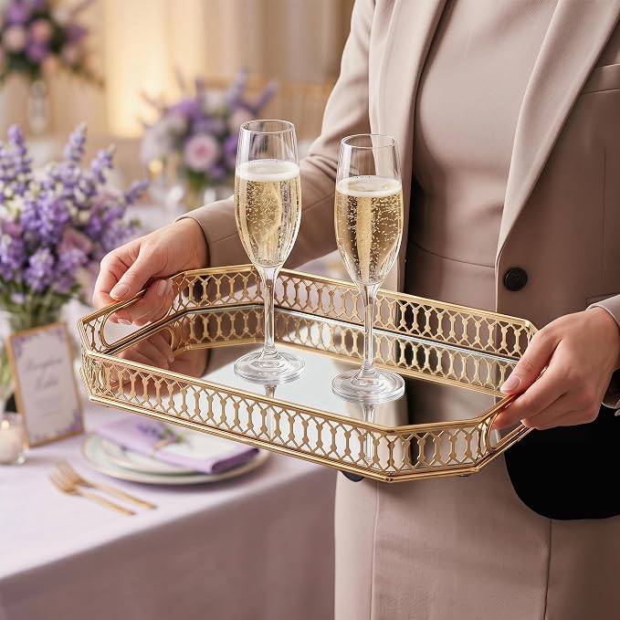 Glass and Gold Rectangular Tray Set of 2, Dinner Plate Perfume and Vanity Tray - Image 6