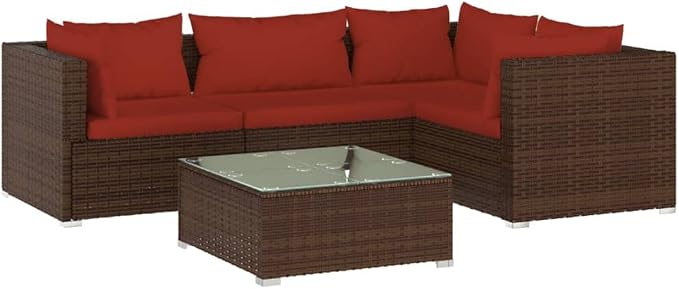 5 Piece Garden Lounge Set with Cinnamon Red Cushions, Modular PE Rattan Patio by Unknown