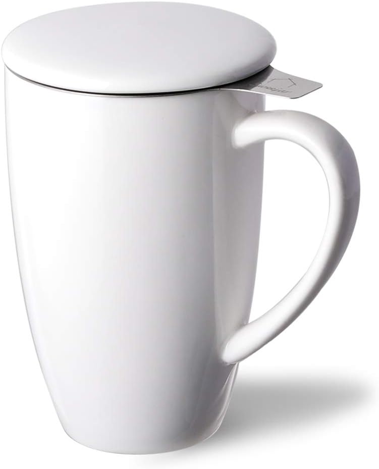 Sweejar Porcelain Tea Infuser Cup with Lid, 16 oz Teacup with Strainers for Loose Leaf, Microwave and Dishwasher Safe Coffee Mug, Steeping Mug for Tea Drinkers,Christmas Gift (White)