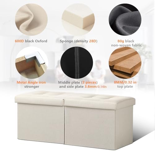 AmasSmile Storage Bench Folding Ottoman Foot Rest Stool, 34 inch Beige Linen - Image 3