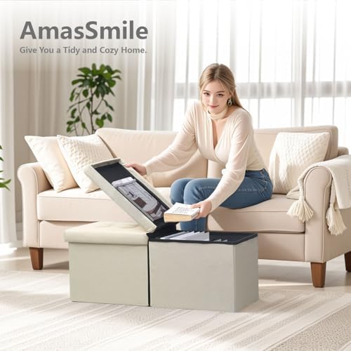 AmasSmile Storage Bench Folding Ottoman Foot Rest Stool, 34 inch Beige Linen - Image 6