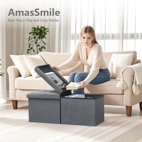 AmasSmile Storage Bench Folding Ottoman Foot Rest Stool, 34 inch Grey Linen - Image 5