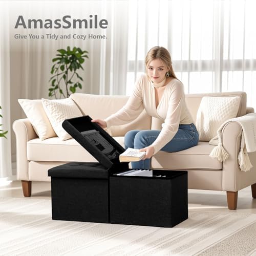 AmasSmile Storage Bench Folding Ottoman Foot Rest Stool, 34 inch Black Linen - Image 6