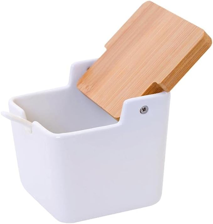 Ceramic Sugar Bowl with Bamboo Lid and Spoon, Porcelain Sugar Container - Image 3
