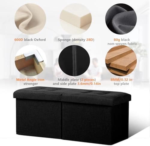 AmasSmile Storage Bench Folding Ottoman Foot Rest Stool, 34 inch Black Linen - Image 3