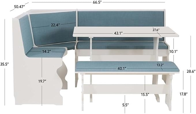 Pemberly Row Corner Nook Dining Set, Capri Blue 100% Polyester Upholstered Seats - Image 7