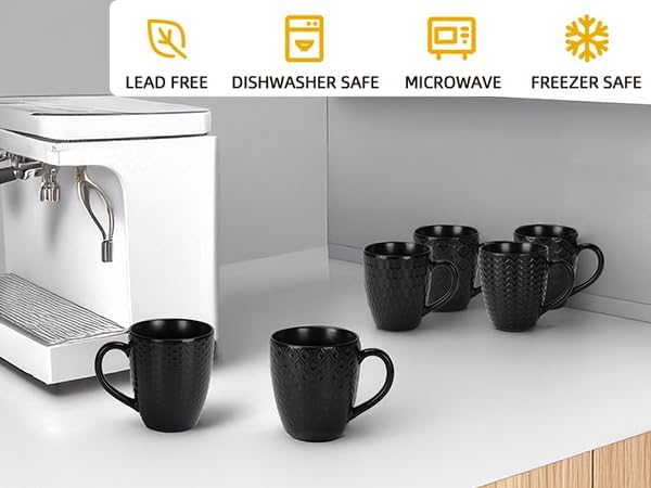 Schliersee 16 OZ Black Coffee Mugs Set of 6, Geometric Pattern Ceramic Coffee - Image 8