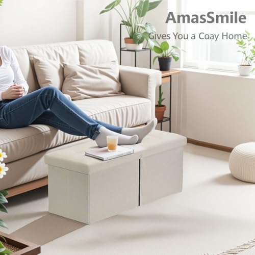 AmasSmile Storage Bench Folding Ottoman Foot Rest Stool, 34 inch Beige Linen - Image 5