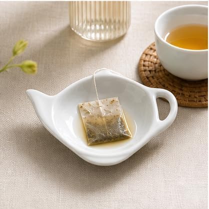 12 Pcs White Ceramic Tea Bag Holder Set, Teapot Shaped Tea Bag Rest Drip Tray - Image 4