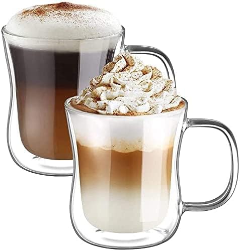 ecooe 12 oz Double Walled Glass Coffee Mug Latte Cappuccino Cups Set of 2, Clear Glass Coffee Cups with Handle, Insulated Coffee Cup Borosilicate Heat Resistant Double Wall Glass Coffee Mug Tea Cups