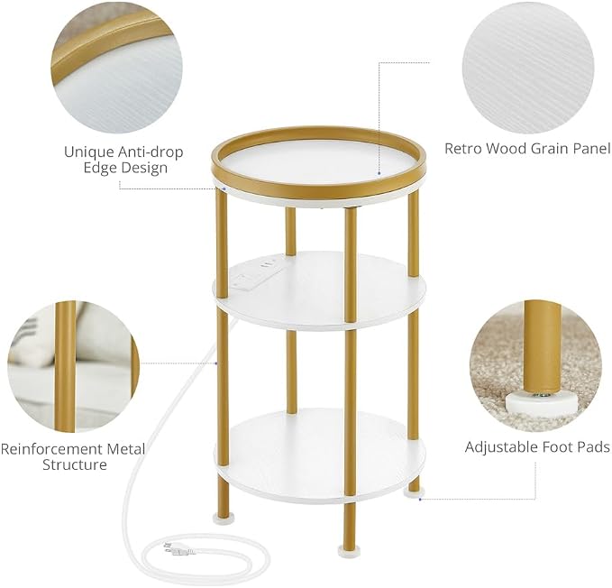 Small Round End Table with Charging Station, 3-Tier Accent Couch Beside Table - Image 8