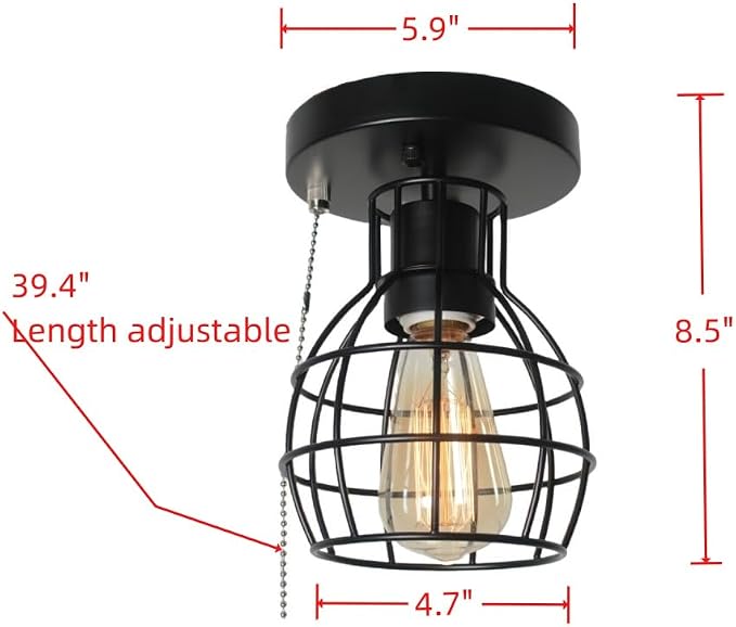 Beuhouz Pull String Semi Flush Mount Ceiling Light, Round Modern Industrial - Image 2