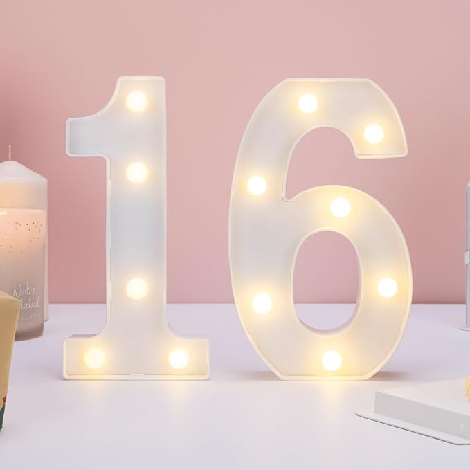 Light Up 16 Number Sign, Warm White Decorative LED Light Up Numbers, Battery - Image 6