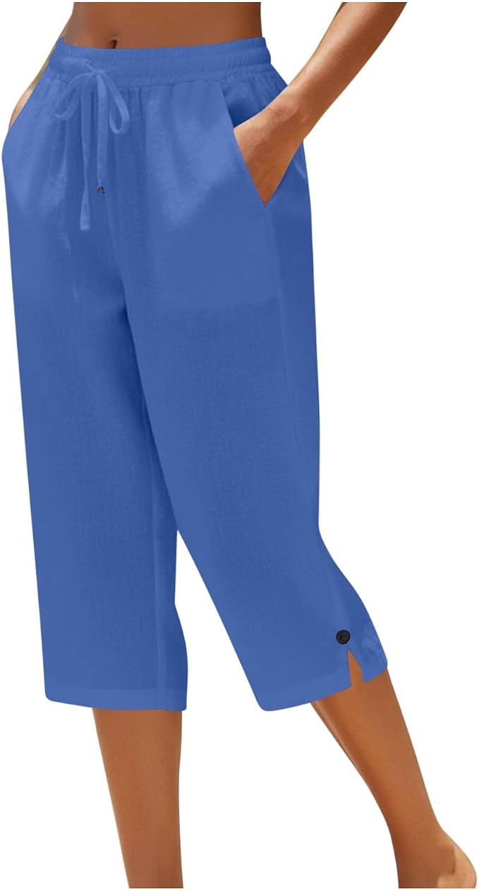 Straight Leg Capri Linen Pants for Women Elastic Waist Drawstring Pant Summer by Unknown