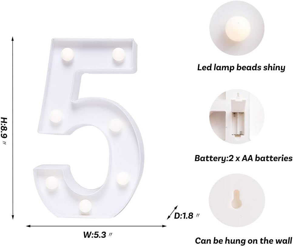 Foaky Decorative Led Marquee Light Up Number, Marquee Light Up Number Sign for Night Light Wedding Birthday Party Christmas Home Bar Decoration Number(5)