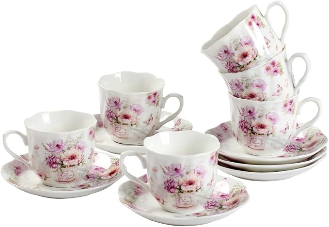 GuangYang 2.5 oz Porcelain Espresso Cups and Saucers Set – Floral Design by HOME