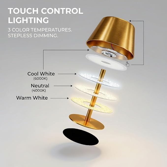 Gold Cordless Table Lamp, Premium All-Metal Brushed Wireless Rechargeable Lamp - Image 3