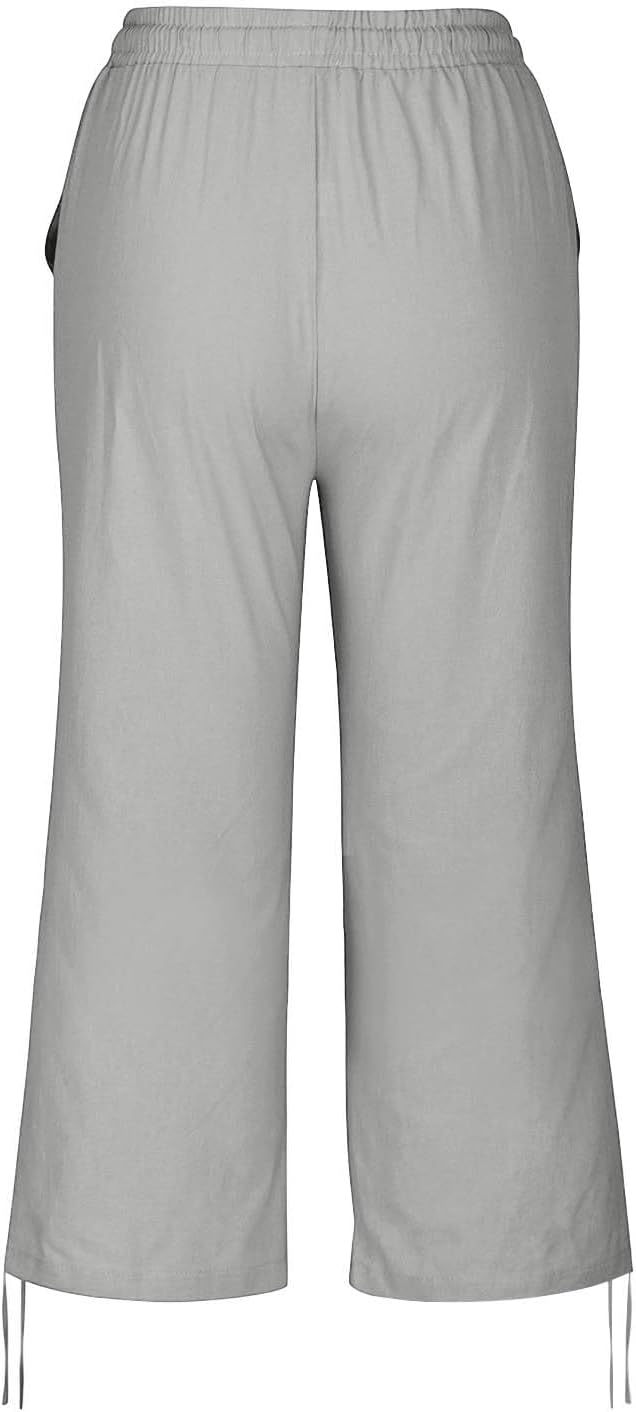 Linen Capri Pants for Women Drawstring Elastic Wide Leg Trouser 2026 Summer - Image 7