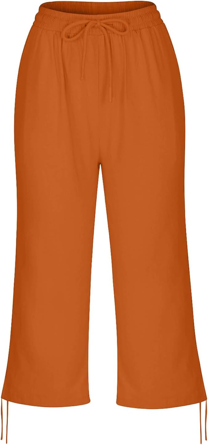 Linen Capri Pants for Women Drawstring Elastic Wide Leg Trouser 2026 Summer - Image 6