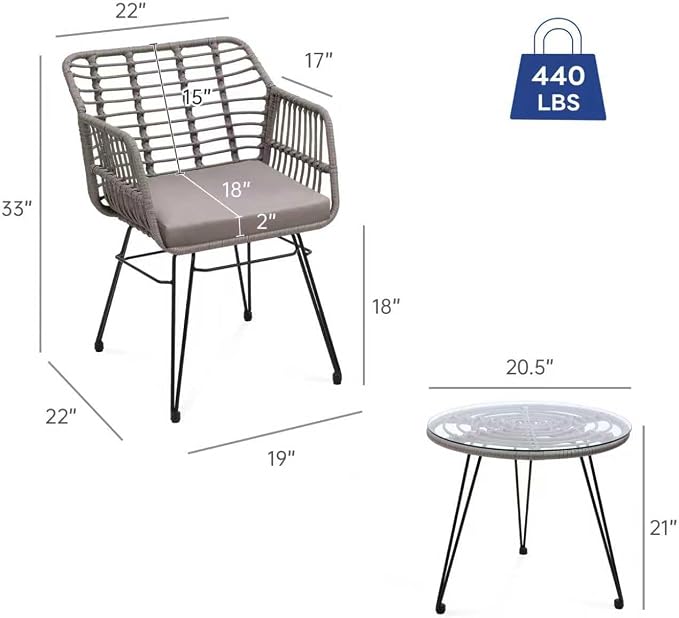 KROFEM 3 Piece Wicker Patio Bistro Furniture Set, Includes 2 Rattan Chairs and - Image 2