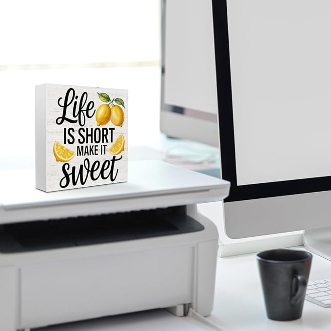 Inspirational Quote Life is Short Make it Sweet Wood Box Sign, Rustic Lemon - Image 6