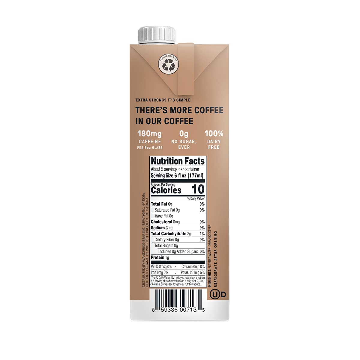 Wandering Bear Extra Strong Organic Cold Brew Coffee, Straight Black, 32 fl oz, 1 pack - Smooth, Organic, Unsweetened, Shelf-Stable, and Ready to Drink Cold Brew