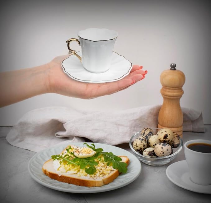 BTaT- Turkish Coffee Cup Set, 3 oz, 6 Set, Elegant White Cups & Saucers - Image 4