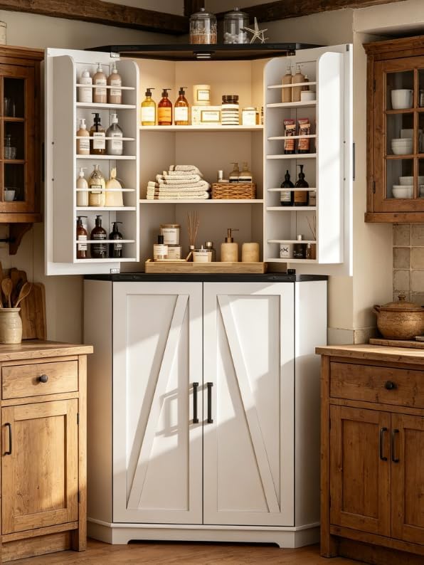 Dripex 71" White Corner Pantry Cabinet, Farmhouse Tall Storage Cabinet - Image 4