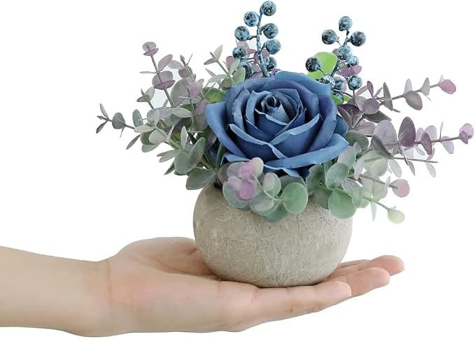 Small Artificial 2pcs Blue Rose Potted Plant, Mini Faux Floral Arrangement - Image 2