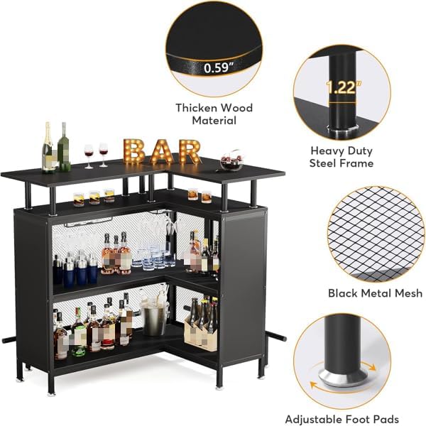 Home Bar Unit, L-Shaped Bar Table, Corner Mini Coffee Liquor Cabinet - Image 3