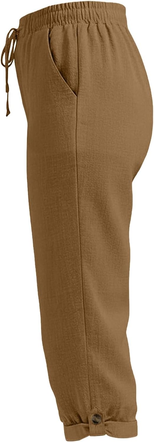 Drawstring Capri Linen Pants Women Elastic Waist Straight Leg Pant Summer Beach - Image 5