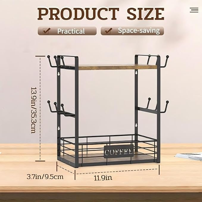 Coffee Mug Rack with 12 Hooks, 2-Tier Coffee Cup Holder with Shelf and Storage - Image 2