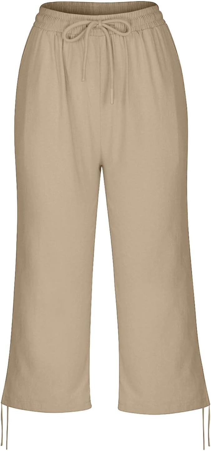 Linen Capri Pants for Women Drawstring Elastic Wide Leg Trouser 2026 Summer - Image 6