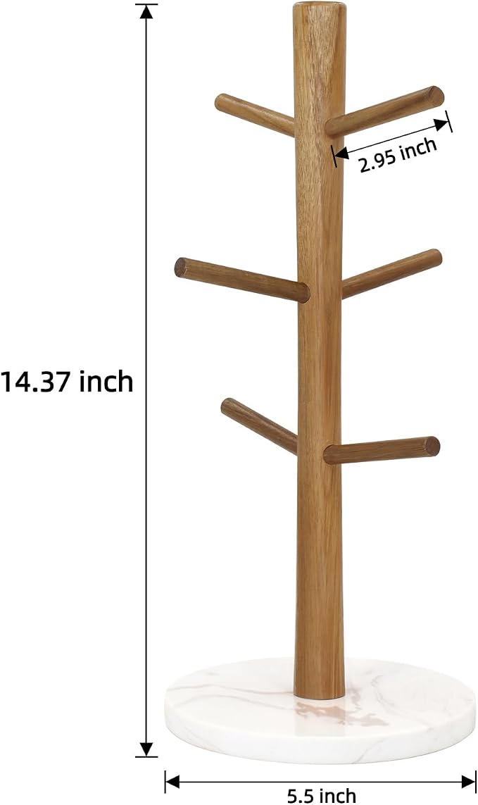 Buruis Wood Mug Holder, Marble Base Cup Rack Tree, Mug Stand Hanger, Kitchen - Image 6