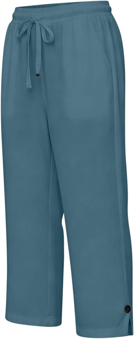 Straight Leg Capri Linen Pants for Women Elastic Waist Drawstring Pant Summer - Image 3