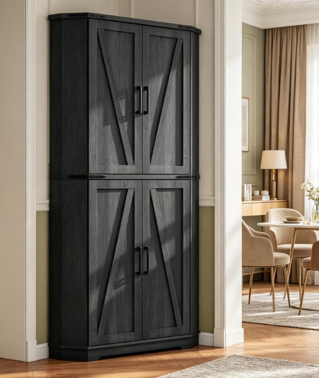Dripex 71" Black Corner Pantry Cabinet, Farmhouse Tall Storage Cabinet - Image 4