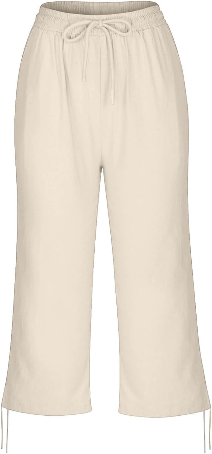 Linen Capri Pants for Women Drawstring Elastic Wide Leg Trouser 2026 Summer - Image 6