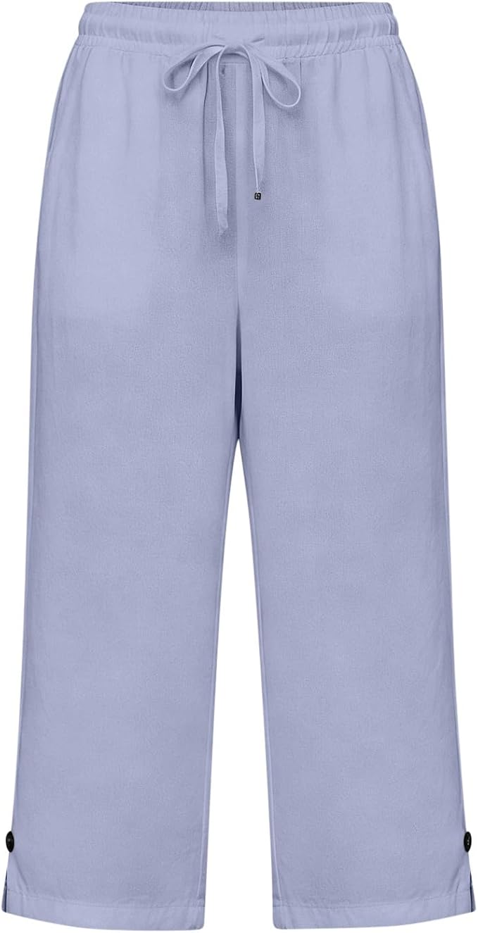 Straight Leg Capri Linen Pants for Women Elastic Waist Drawstring Pant Summer - Image 6