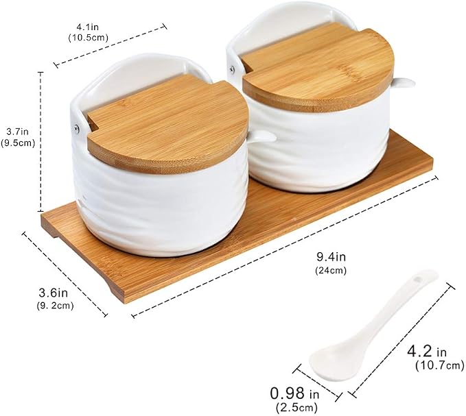 Ceramic Sugar Bowl with Bamboo Lids and Spoons Serving Tray, Porcelain Sugar - Image 2