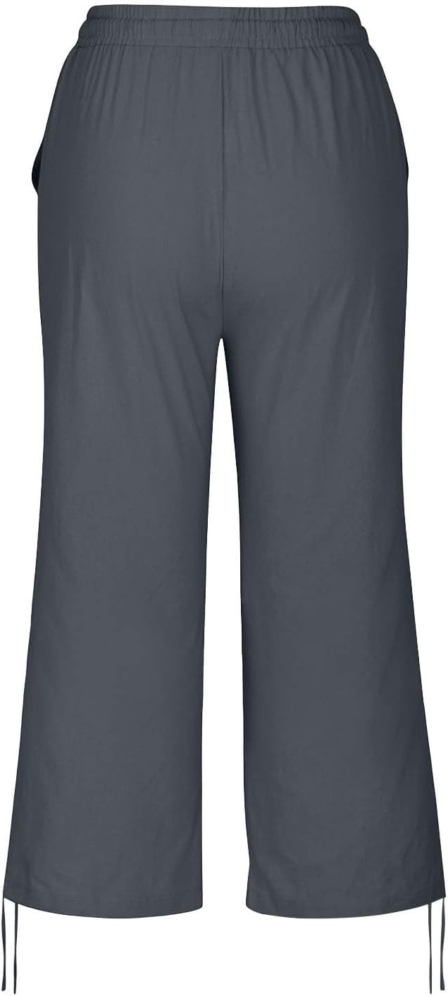 Linen Capri Pants for Women Drawstring Elastic Wide Leg Trouser 2026 Summer - Image 7