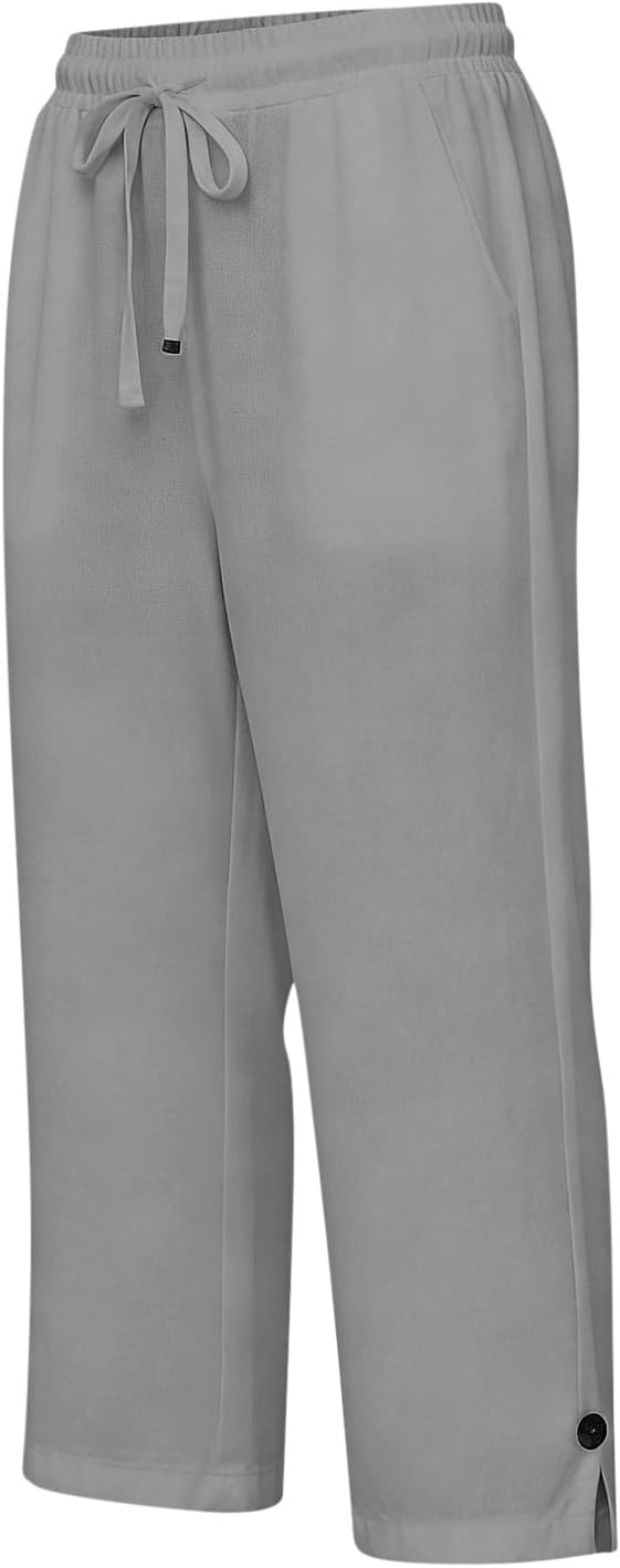 Straight Leg Capri Linen Pants for Women Elastic Waist Drawstring Pant Summer - Image 4