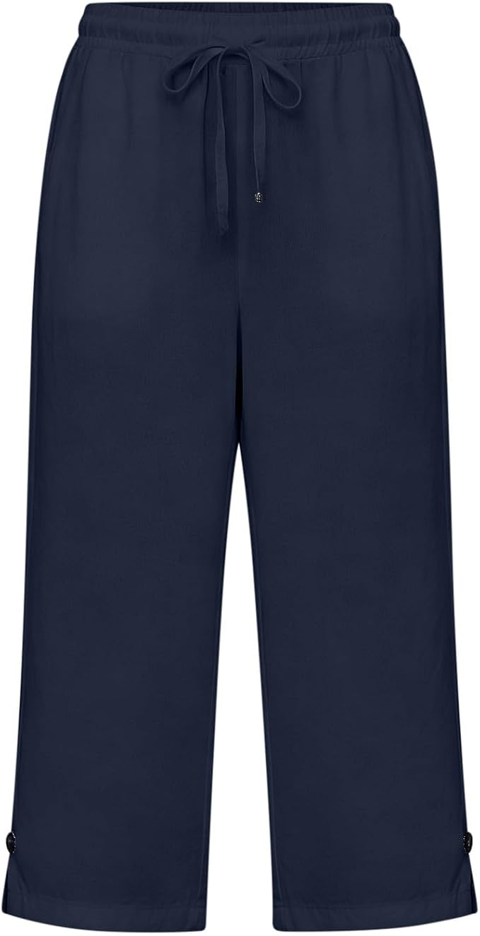 Straight Leg Capri Linen Pants for Women Elastic Waist Drawstring Pant Summer - Image 3
