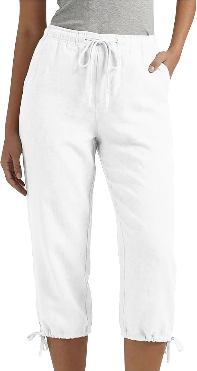 Linen Capri Pants for Women Drawstring Elastic Wide Leg Trouser 2026 Summer - Image 2