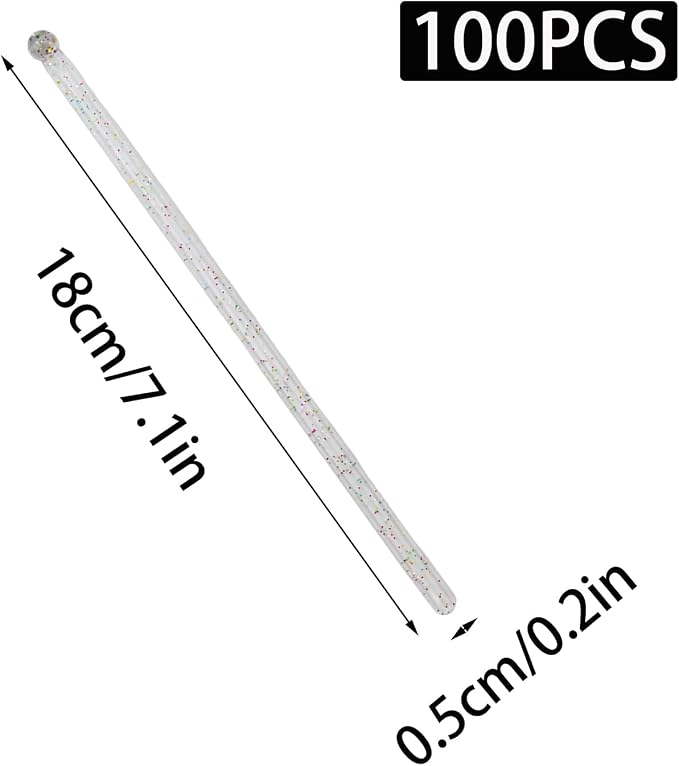 100 Pcs Clear Glitter Stirrers 7 Inch Disposable Round Top Crystal Swizzle - Image 2