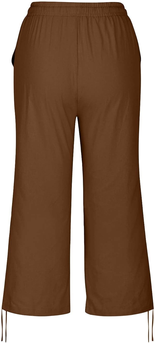 Linen Capri Pants for Women Drawstring Elastic Wide Leg Trouser 2026 Summer - Image 7